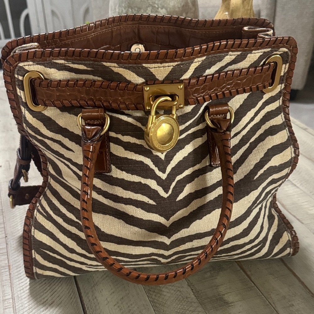 Michael Kors Zebra Print Satchel with Brown Trim